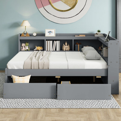 Full Size L-shaped Bookcase Bed with Power Outlets & USB Charging, Platform Bed with 2 Storage Drawers, Multifunctional Bedroom Furniture with Integrated Shelving