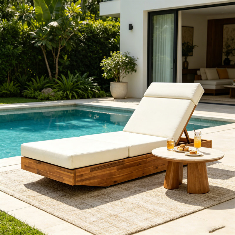 Chaise longue d'extérieur moderne en bois d'acacia avec coussin hydrofuge beige et appui-tête intégré, conception réglable et pliable pour patio, piscine, jardin