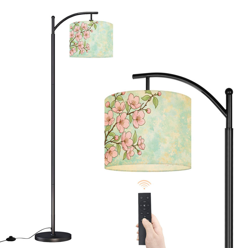 Lampe sur pied à arc avec abat-jour réglable arbre à fleurs floral vert sauge moderne branches sur pied cerisier Lampe sur pied à 3 températures de couleur à intensité variable avec interrupteur au pied pour la chambre à coucher