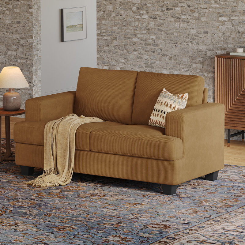 Canapé à accoudoirs carrés 63 po, petit causeuse 2 places pour petit salon, Velours côtelé Curcuma