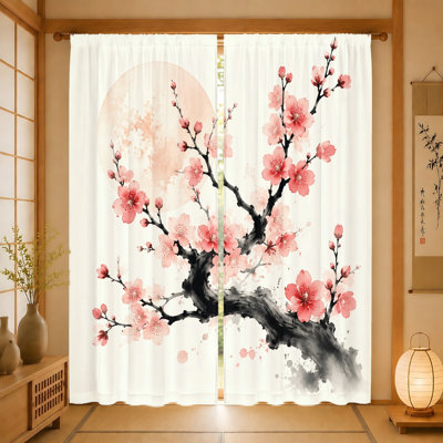 2 pièces de rideaux en fleurs de cerisier, tissu filtrant la lumière, imprimé de branches florales rétro et artistiques, protection de l'intimité du parasol, conception à passe-tringle, convient au salon, à la chambre à coucher, au balcon et à la cuisine