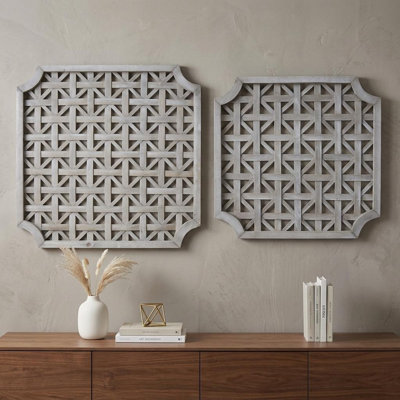 Set of Two Gray Geometric Solid Wood Square Framed Art