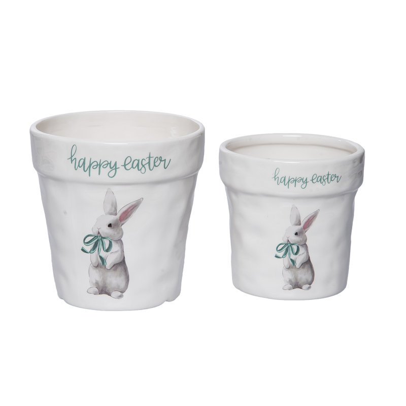 Pots en céramique Mint Julep Bunny, lot de 2, pots à fleurs, blanc, céramique, plateau de table, salon, Pâques, jardin