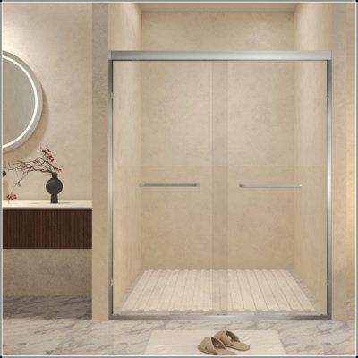 Tempered Glass With Explosion Proof Film, Aluminum Frame Double Sliding Shower Door, "1/4 (6 Mm), Stainless Steel Handle