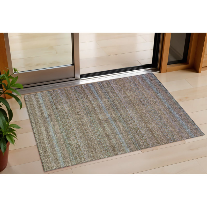 3' X 5' Brown And Denim Blue Striped Washable Indoor Outdoor Area Rug