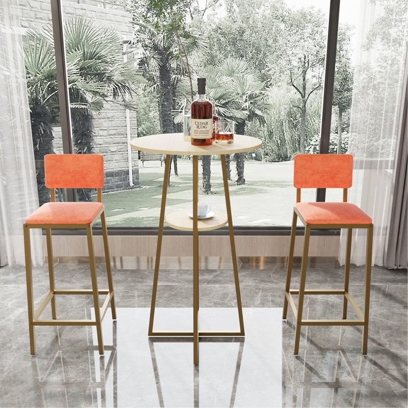 Ensemble de table et chaises de bar, ensemble de trois pièces, structure dorée, coussins et dossiers de siège en éponge, table de bar avec rangement