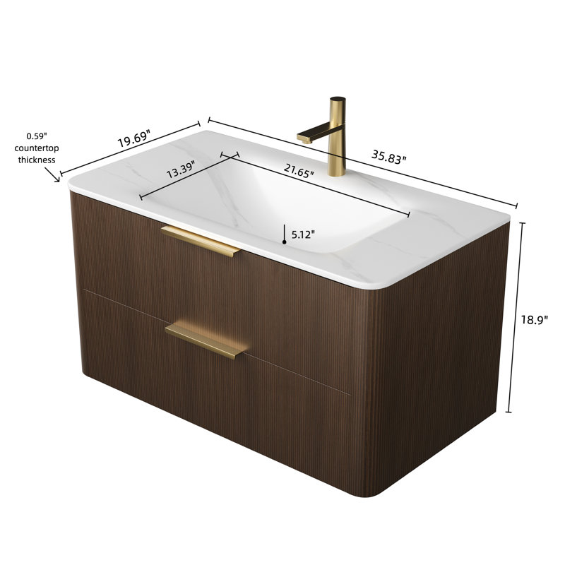 Meuble-lavabo flottant 36 po avec lavabo intégré 36 po, lavabo intégré, pré-assemblé, Noyer