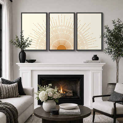 Bright Orange Boho Sun Burst Artwork, Mid-Century Modern Organic Minimalist Wall Pictures, Framed Canvas Giclée Print 3 Pieces Wall Art"