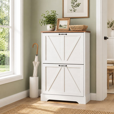Compact White Farmhouse-Style Shoe Storage Unit with 2 Flip-Down Compartments, Slim Profile Perfect for Narrow Entryways, Hallways, or Closets