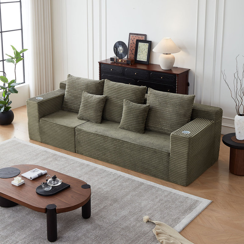 Canapé modulaire profond en velours côtelé avec porte-gobelets, aucun assemblage requis, Vert