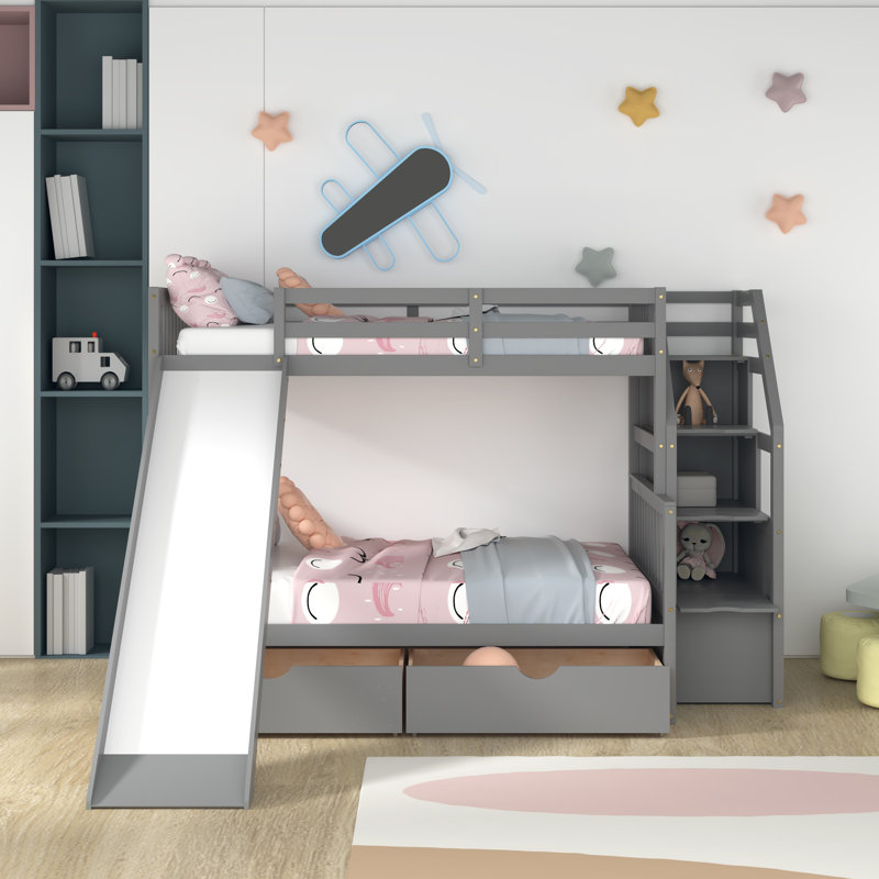 Gelya Twin Over Full Bunk Bed with Built-In Stairs, Gray