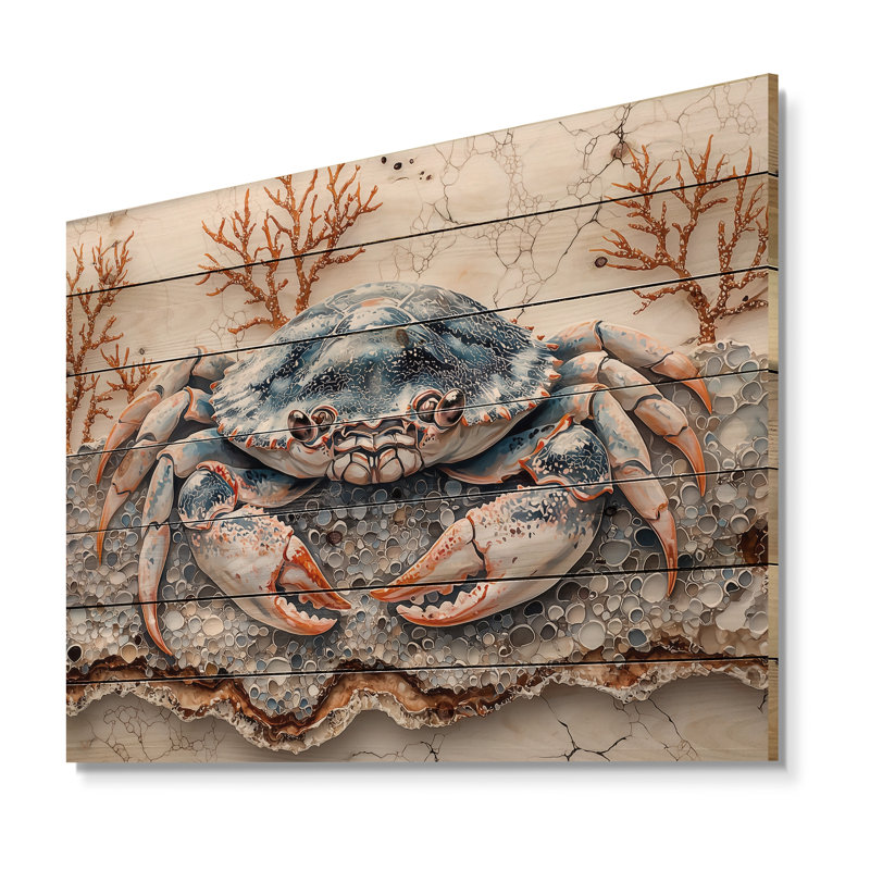 Aquarium Blue And White With Large Crab II - Crab Wood Wall Art - On Natural Pine Wood, 34" H x 44" W x 0.78" D
