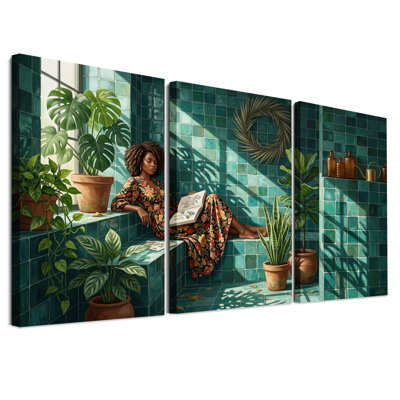 Woman Reading in Teal Tiled Room with Plants Set Of 3 Canvas Wall Art