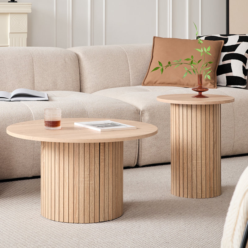 Ensemble de tables basses rondes modernes 2 pièces, cylindre Groove Line 27,6 "/ 15,7", Naturel