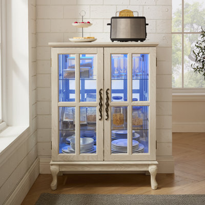 Armoire de rangement en verre blanc, 30 po x 15,47 po x 40,31 po, panneau de fibres à densité moyenne + verre, 1 pièce, armoires, la surface est recouverte de grain de bois classique aux tons chauds