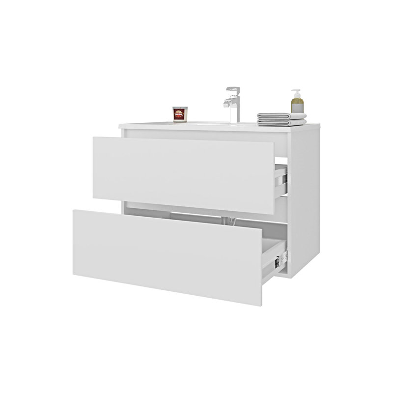 Meuble-lavabo flottant avec deux tiroirs et lavabo, Blanc