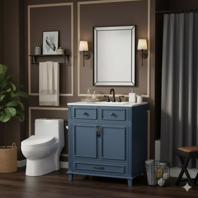 30-Inch Retro-Style Blue Bathroom Vanity With Ceramic Sink, Solid Wood Frame Storage Cabinet Featuring Soft-Closing Doors