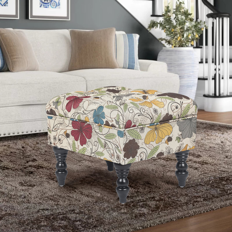 Cauley Upholstered Ottoman, Red/Beige/Blue 100% Linen