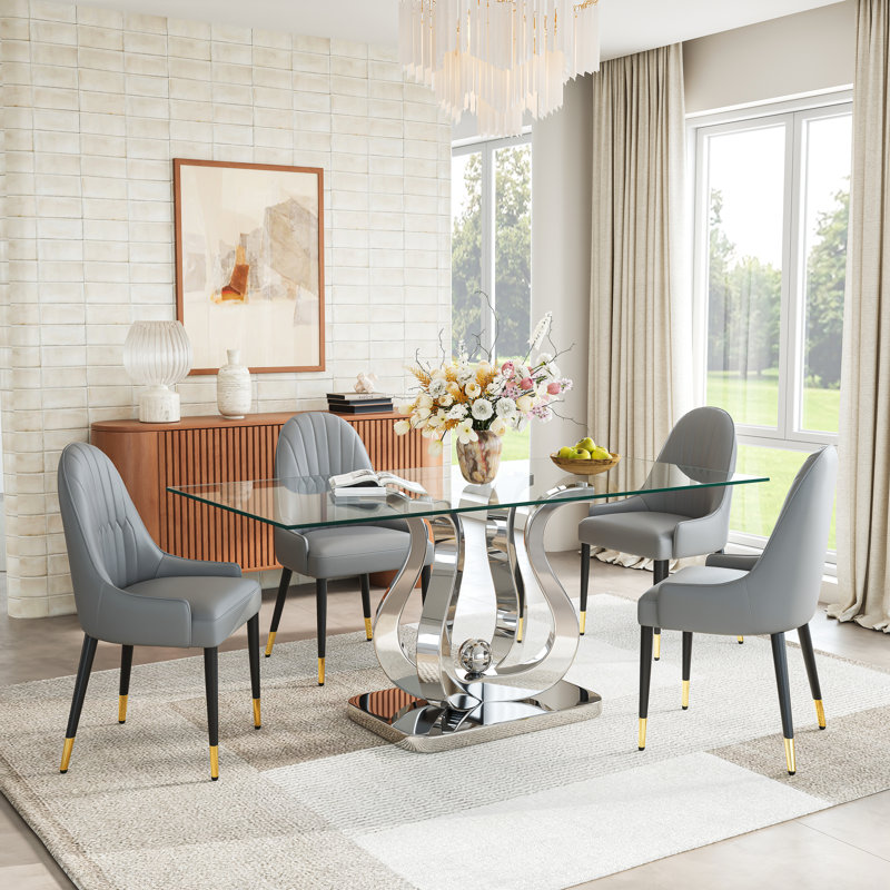 69" Rectangular Glass Dining Table Set, Tempered Glass Top, Polished Stainless Steel S-Shaped Base, Faux Leather Diamond-Back Chairs With Gold Metal Accents