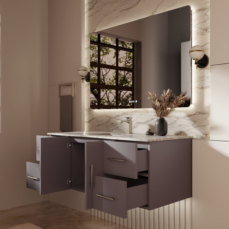 Geneva 48" Wall-Mounted Single Bathroom Vanity Set, Dark Gray, White Carrara Marble