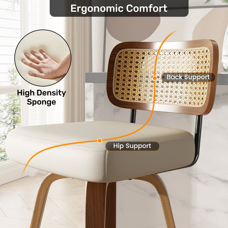 Stylish Swivel Counter Stool With Soft Upholstered Rattan Back, Beige, 4
