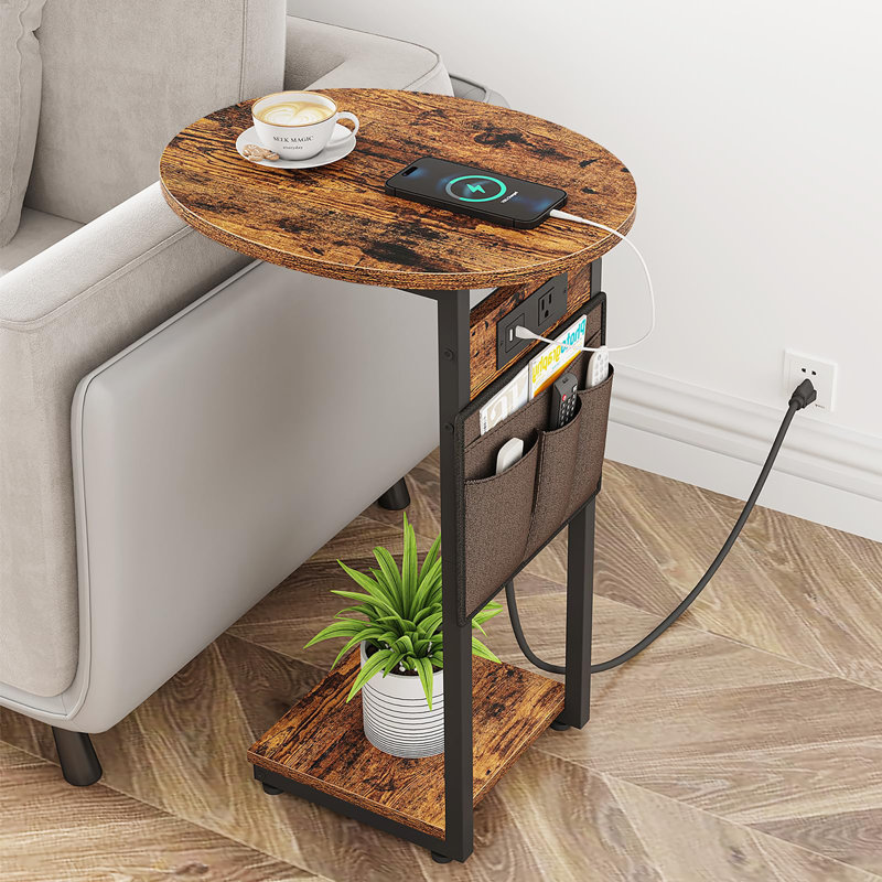 C Shaped End Table with Charging Station, Rustic Brown