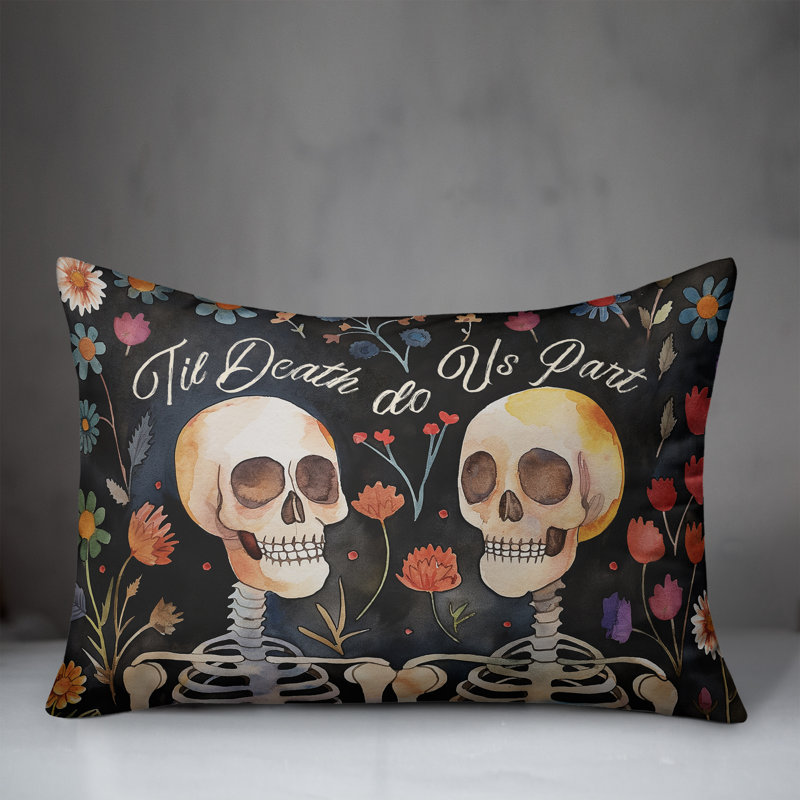 Coussin Spooky, H 14 po x l 20 po, Rectangle, Motif floral noir