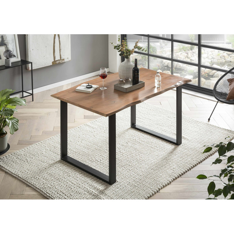 Phuket Acacia Solid Wood Top Metal Base Dining Table, 76cm H x 180cm L x 90cm W