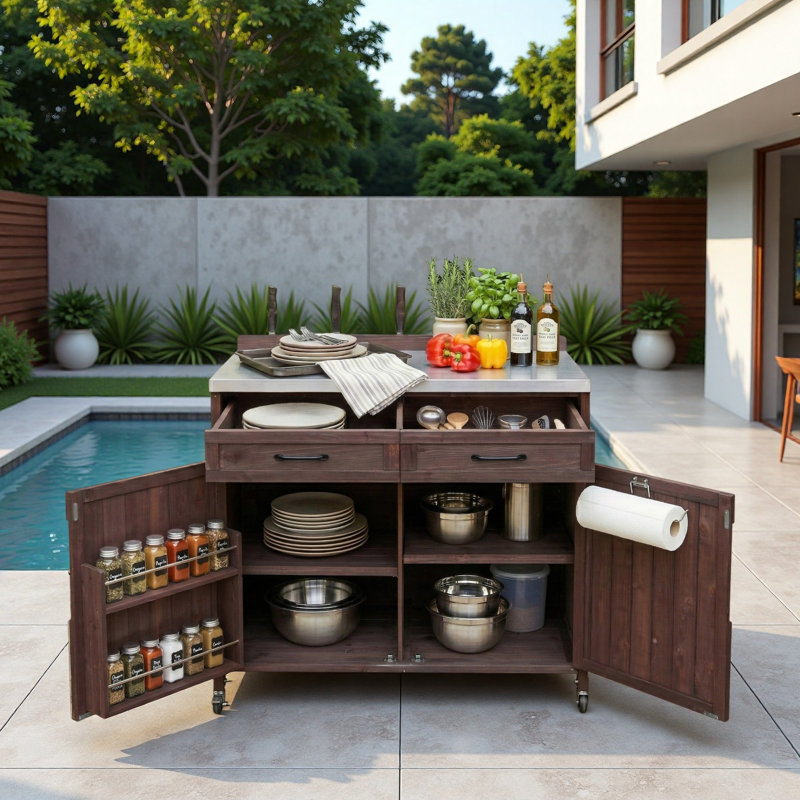 Îlot de cuisine extérieur avec plateau en acier inoxydable, grand tiroir, tablettes réglables, supports de rangement internes et 4 roulettes