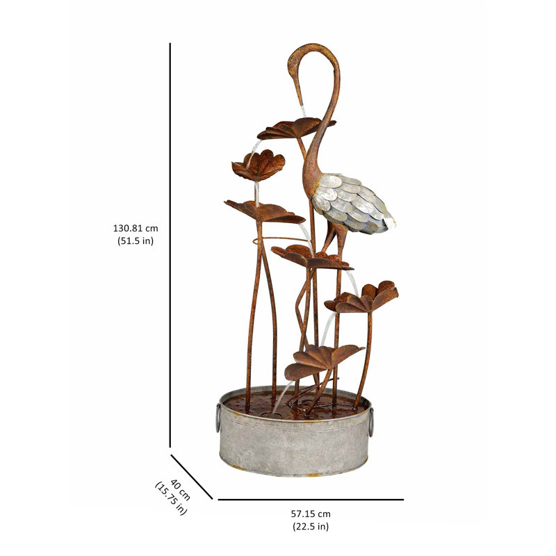 Metal Crane with Leaves in a Pail Fountain