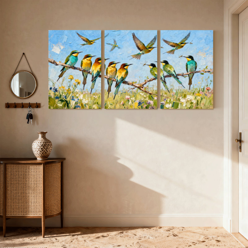 Oiseaux colorés sur une branche avec des fleurs, ensemble de 3 impressions sur toile, H 30 po x l 60 po