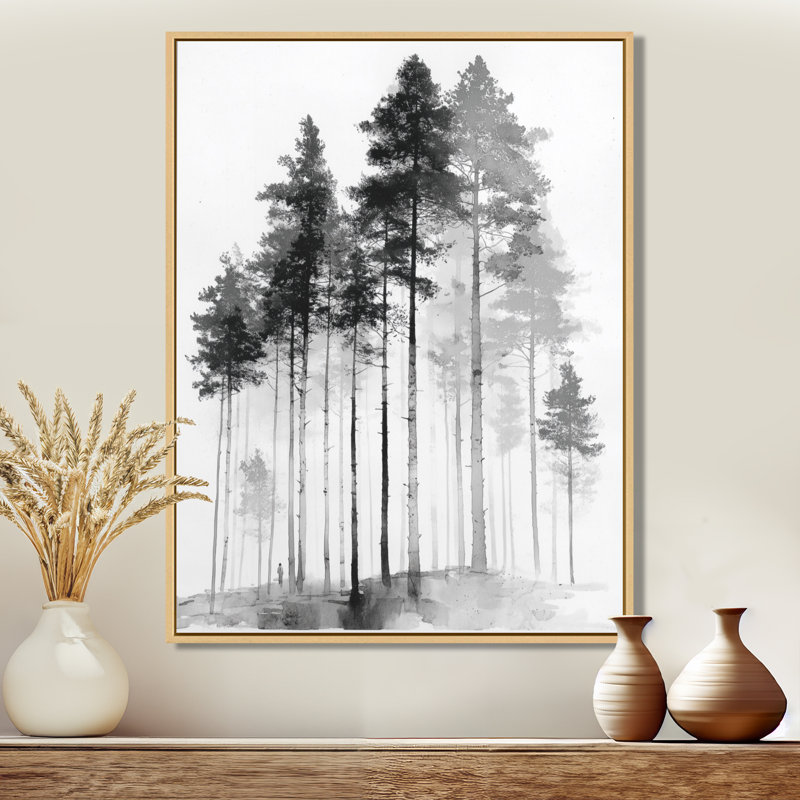 «Black and White Tall Pine Tree Forest», reproduction d'art sur toile Nature, H 20 po x l 12 po, Cadre flottant, Doré