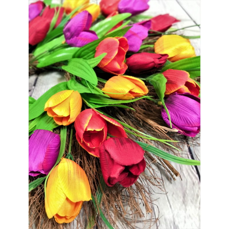 Couronne de tulipe artificielle 18 po toute l'année, Mauve / jaune / rouge