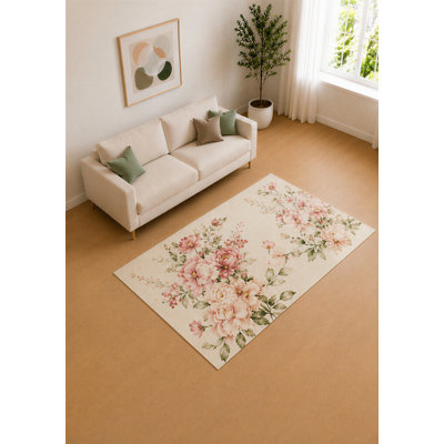 Tapis de jardin pivoines rose poudré et ivoire « ultra léger » de 152 x 213 cm (5' x 7'), doux et à poils courts, avec envers antidérapant en silicone, idéal pour le salon, la chambre ou le bureau.