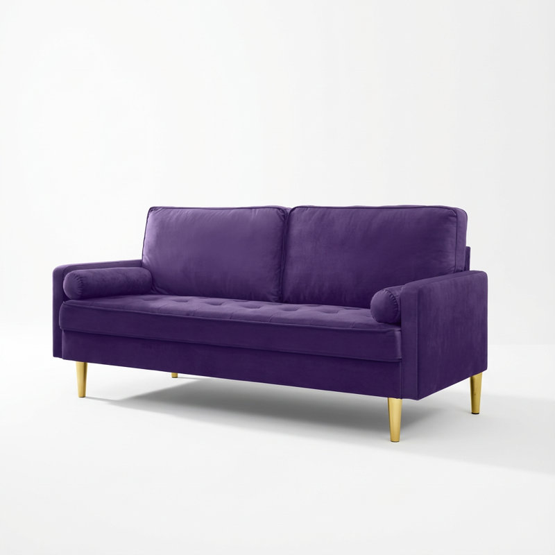 Contemporary Plush Velvet Sofa with Sturdy Metal Legs and Comfort Cushions, Purple
