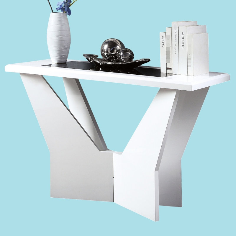 Table blanche contemporaine 1Pc avec finition ultrabrillante et base géométrique, style moderne avec élément en verre