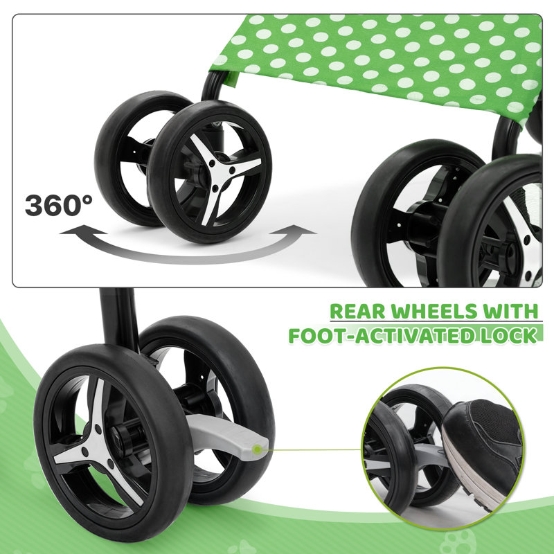 Lawn Green Polka Dot Foldable Pet Stroller with Mesh Windows
