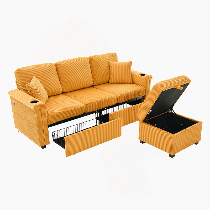 L-Shaped Sectional Sofa With Pull-Out Storage, Ottoman, Pillows, USB Charging, Cup Holder And Convertible Design For Living Room And Apartment