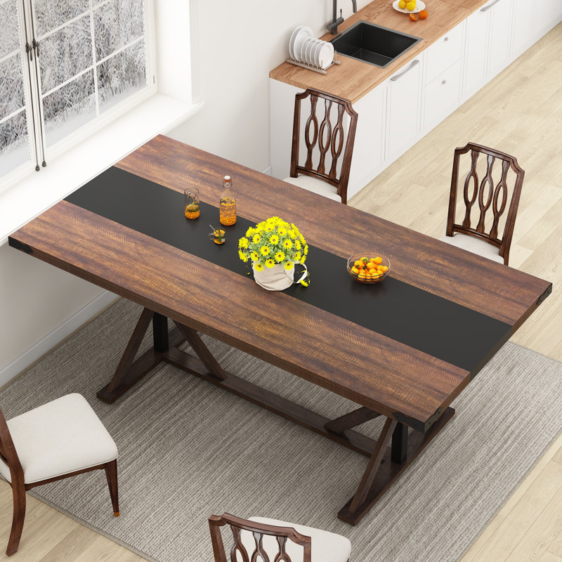Dariusz Farmhouse Dining Table, Kitchen Rectangular Large Rustic Dinner Table, Adjustable Leg For Dining Living Room, Brown