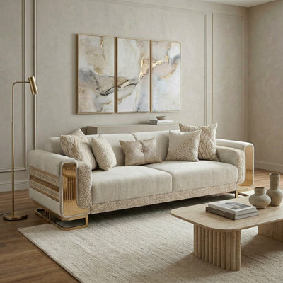Aurora Gold Trim Cream Woven Fabric Luxury Sofa