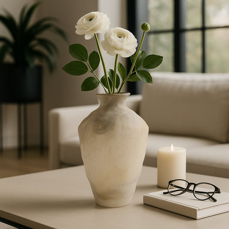 Contemporary Swirl Pattern Glass Vase For Home Decor - Decorative Flower Vase Perfect For Table Centerpiece, Entryway, And Living Room Decor - 15", Ivory