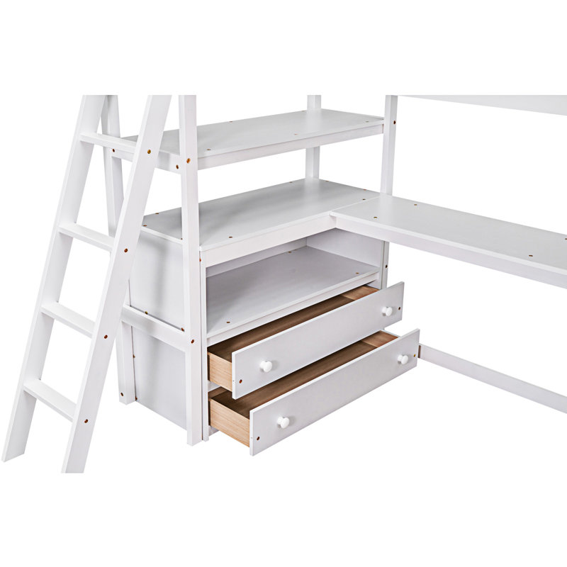 Lit mezzanine avec bureau et tablettes, Blanc