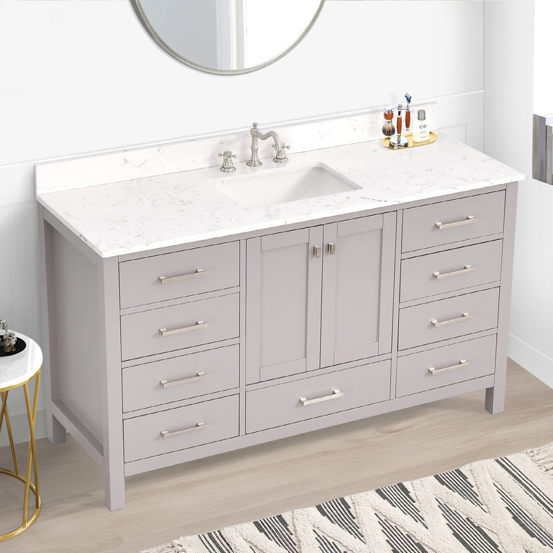 Zenith 60'' Single Bathroom Vanity With Engineered Stone Top, Brushed Nickel, Gray