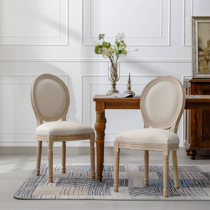 Chaise de salle à manger style français avec structure en bois massif et dossier ovale en lin, ensemble de 2