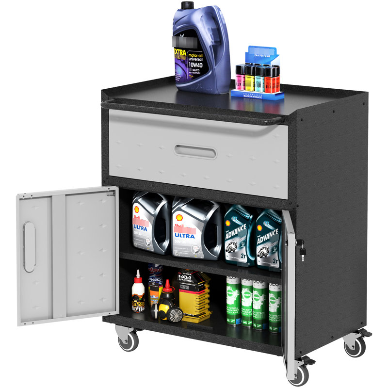 Rolling Metal Garage Storage Cabinet - 33.93"H X 29.01"W 16.13"D, 1 Drawer, 2 Lockable Doors, Black And Gray With Wheels Drawer 16.13"D 33.93"H, Locking Gray, Heavy-Duty