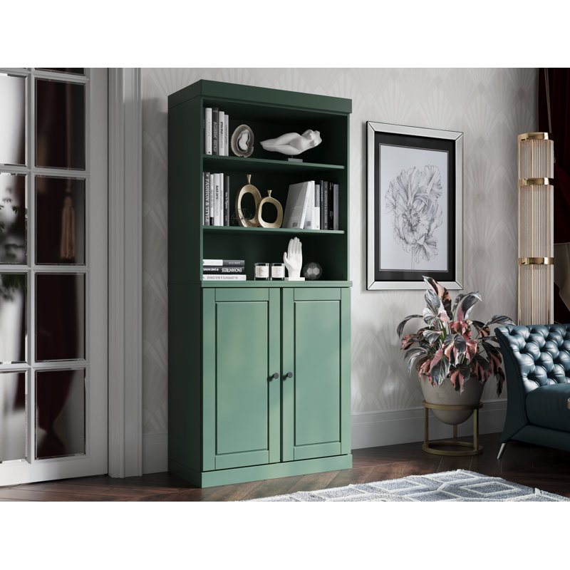 Victorya Palace Imports 100% Solid Wood 6-Shelf Bookcase, Raised Panel Doors, Adjustable Shelves, 32" Wide, 71.5" Tall, Green