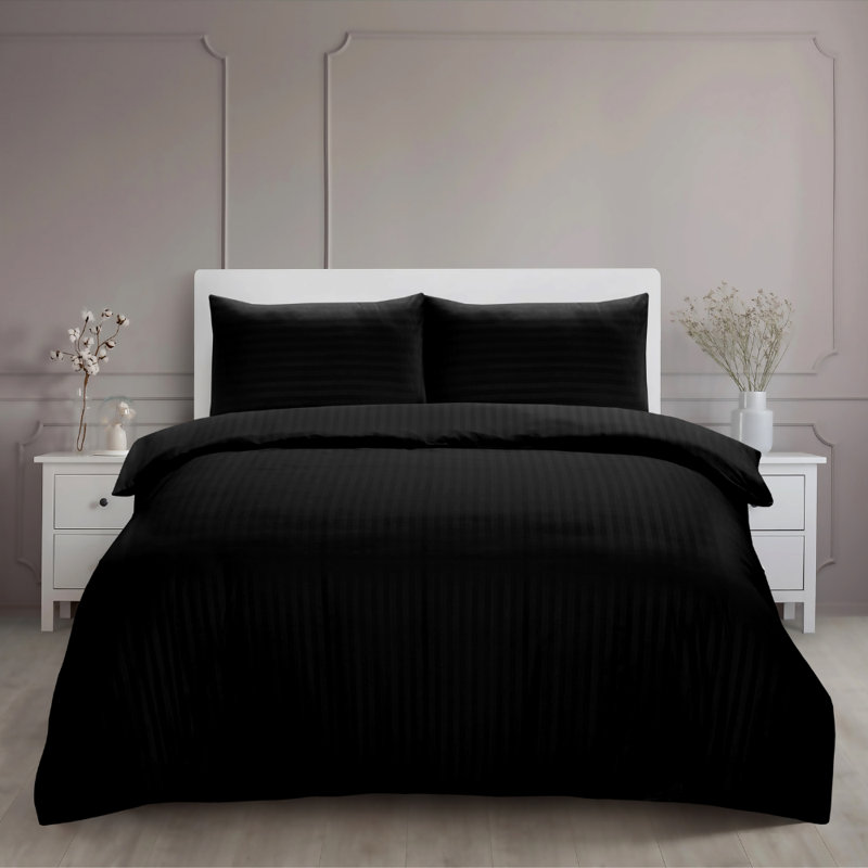 luxury Microfiber Satin Stripe Duvet cover set with 2 pillow cases , Double Duvet Cover + 2 Standard Pillowcases, Black