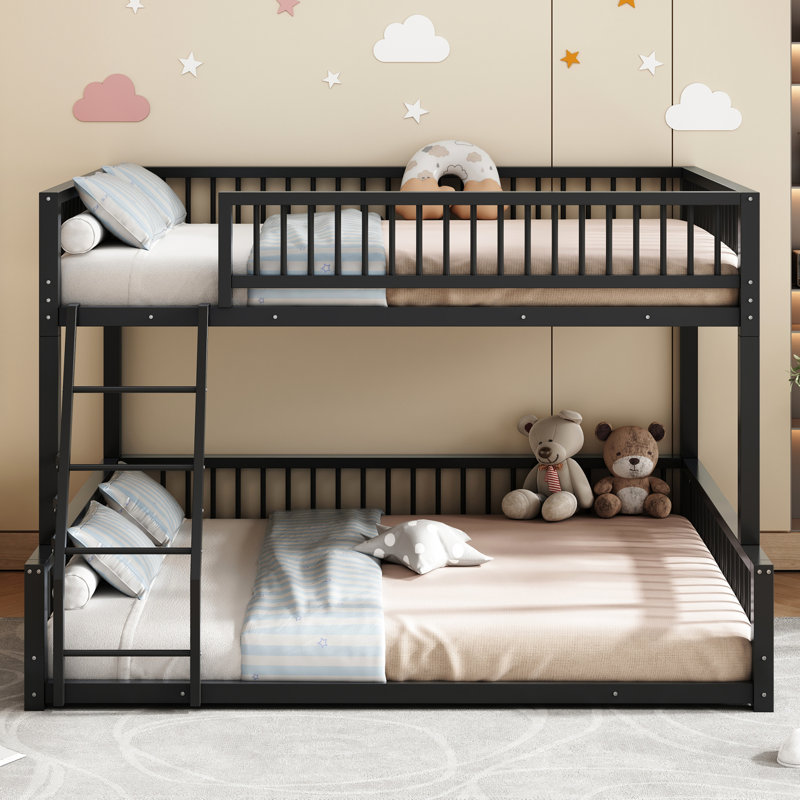 Full Xl Over Queen Floor Bunk Bed, Black Metal Frame, , Guardrails, Detachable For Two Bed Divisions, Space Saving, Muggy Metal, Design, Saver, Efficient