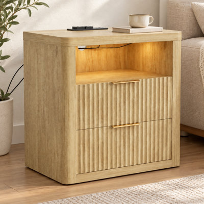 22 Inch Wide Modern Nightstand with Charging Station and RGB LED Lights, Bedside End Table with 2 Drawers and Open Storage Shelf