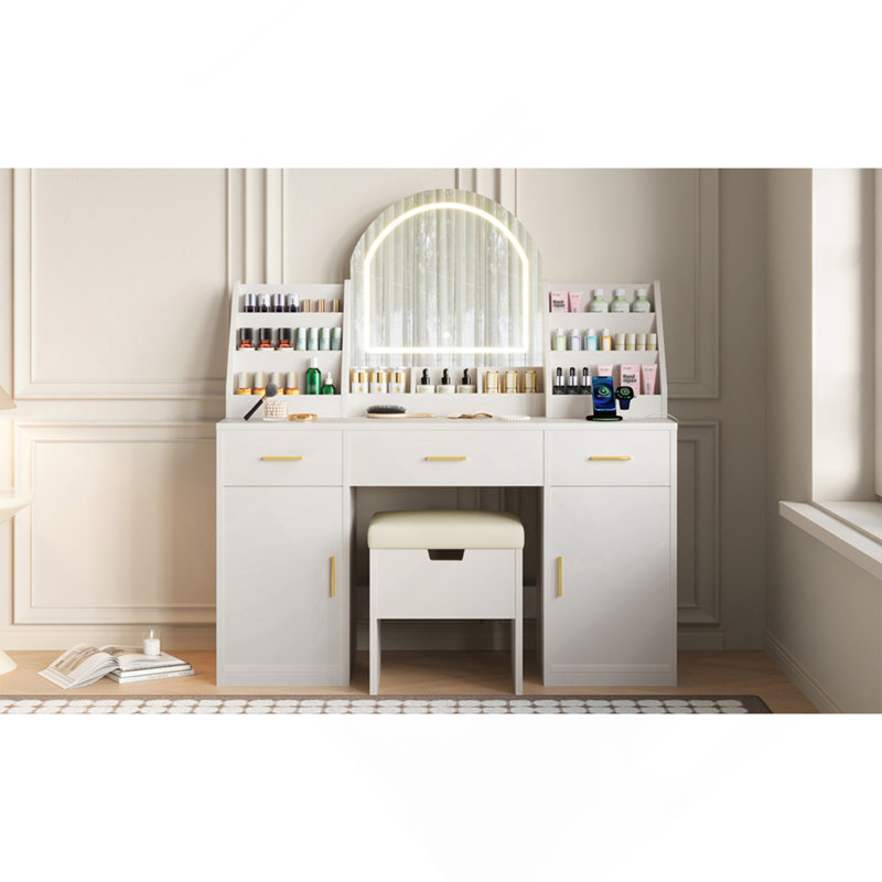 Coiffeuse 47,2 "avec miroir et lumière, coiffeuse avec tabouret de rangement rembourré, coiffeuse avec deux organisateurs, 3 tiroirs et 2 armoires pour la chambre à coucher, blanc
